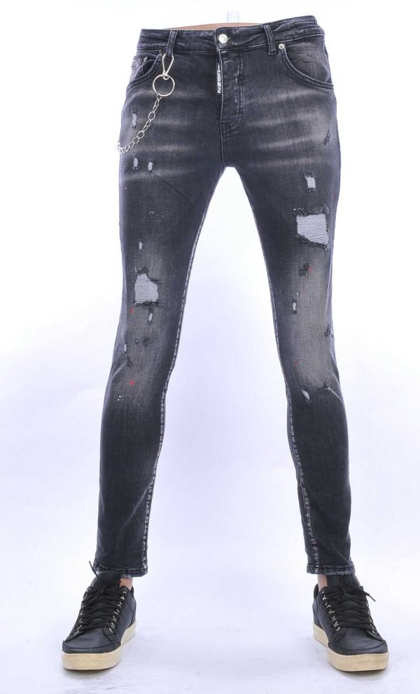 ICON2 hippie gescheurde slim fit heren jeans met verfvlekjes Zwart