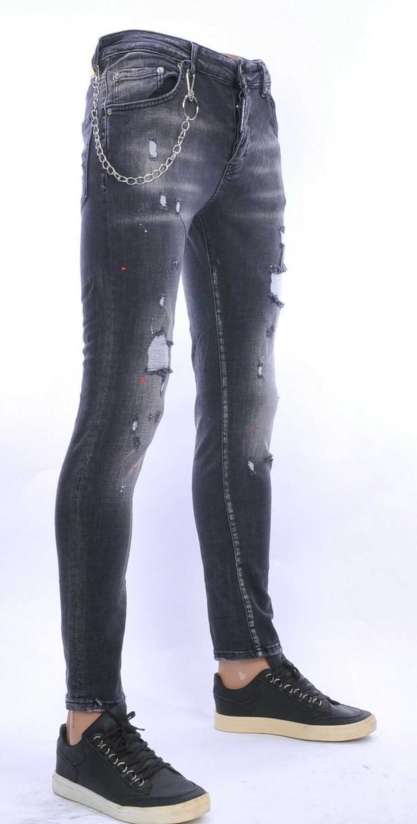 ICON2 hippie gescheurde slim fit heren jeans met verfvlekjes Zwart