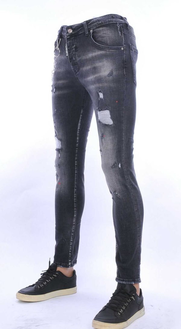 ICON2 hippie gescheurde slim fit heren jeans met verfvlekjes Zwart