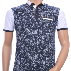 CLUB JU allover bladeren dessin heren polo T-Shirt met sier borstzakje Navy