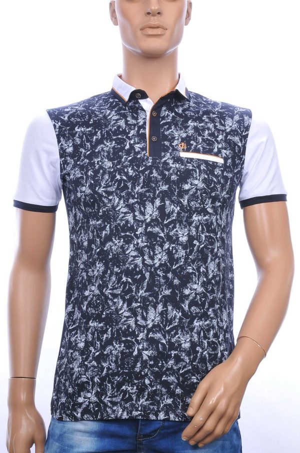 CLUB JU allover bladeren dessin heren polo T-Shirt met sier borstzakje Navy
