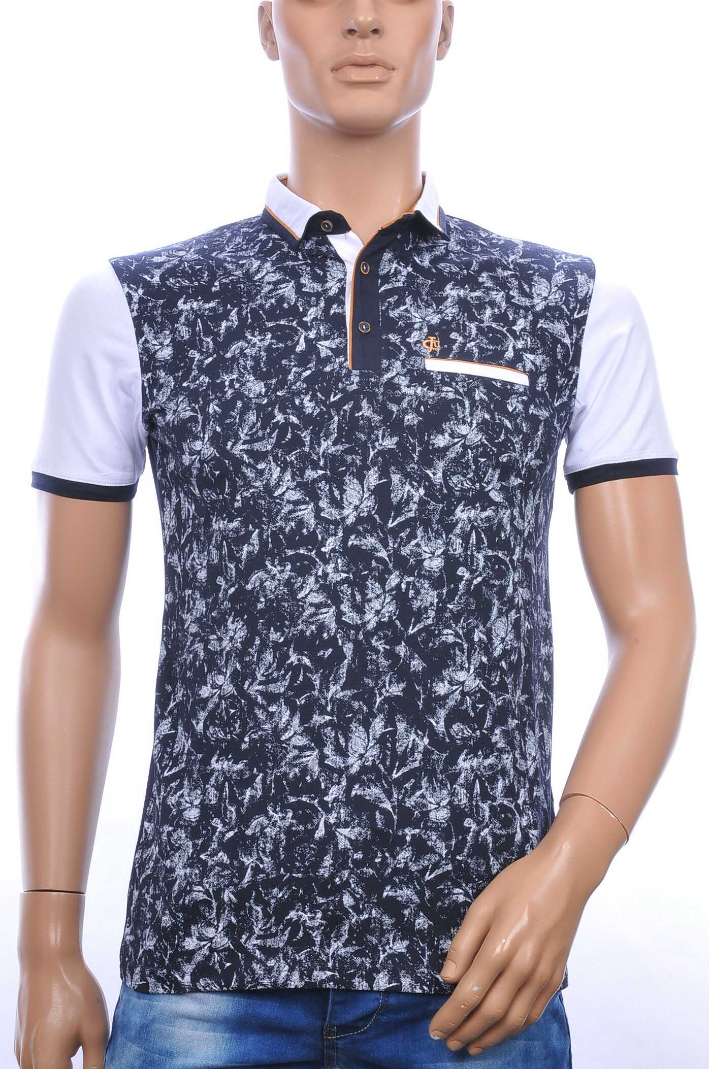 CLUB JU Trendy Allover Bladeren Dessin Heren Polo T-Shirt met Sier Borstzakje – Navy