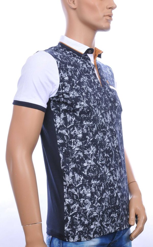 CLUB JU allover bladeren dessin heren polo T-Shirt met sier borstzakje Navy