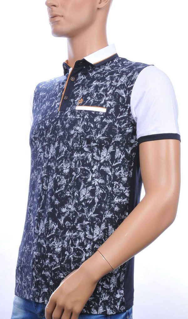 CLUB JU allover bladeren dessin heren polo T-Shirt met sier borstzakje Navy