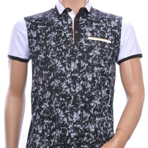CLUB JU allover bladeren dessin heren polo T-Shirt met sier borstzakje Zwart