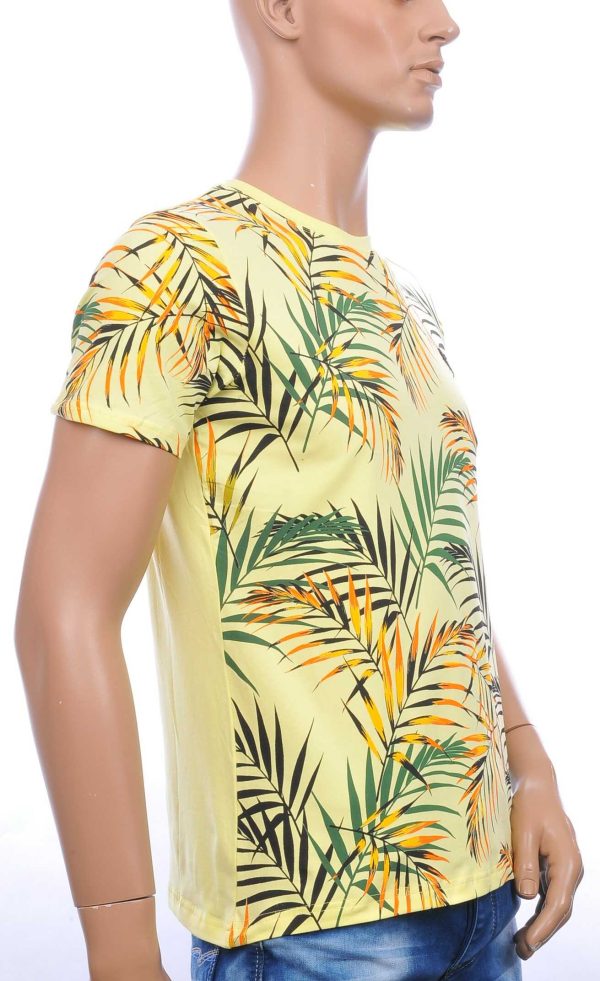 CLUB-JU ronde hals allover palmbomen bladeren print heren Hawaii T-Shirt Geel