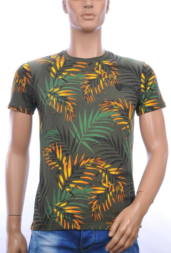 CLUB-JU ronde hals allover palmbomen bladeren print heren Hawaii T-Shirt Khaki
