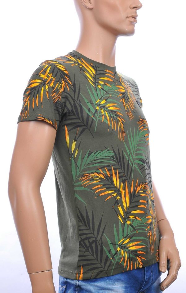 CLUB-JU ronde hals allover palmbomen bladeren print heren Hawaii T-Shirt Khaki