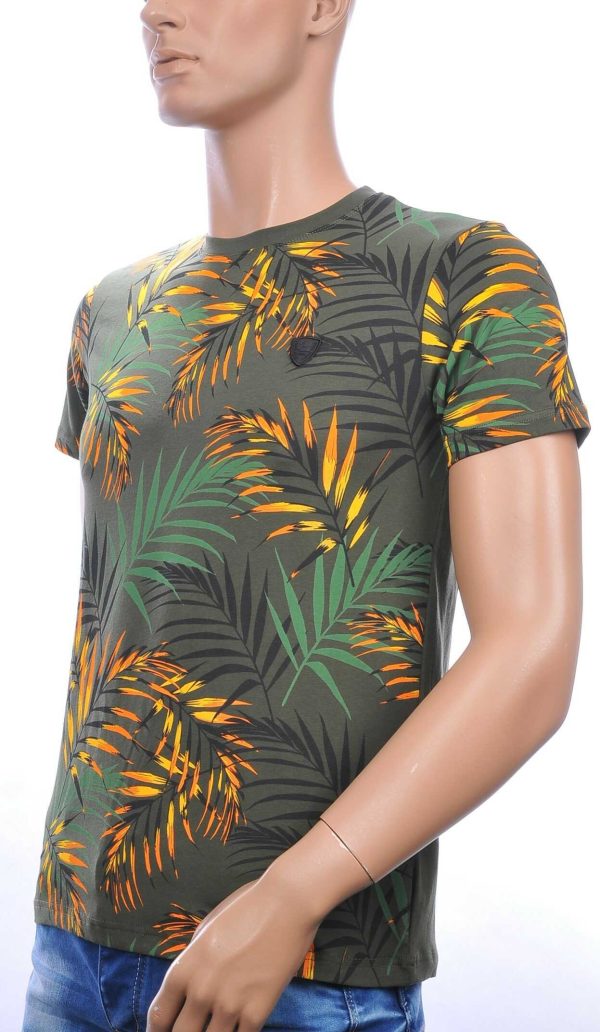 CLUB-JU ronde hals allover palmbomen bladeren print heren Hawaii T-Shirt Khaki