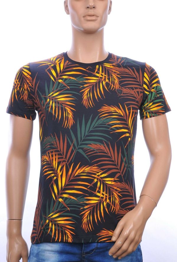 CLUB-JU ronde hals allover palmbomen bladeren print heren Hawaii T-Shirt Navy