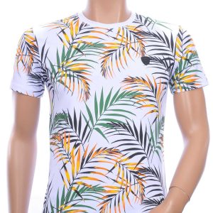 CLUB-JU ronde hals allover palmbomen bladeren print heren Hawaii T-Shirt Wit
