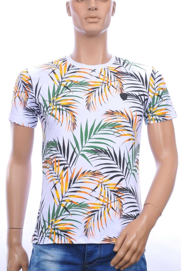CLUB-JU ronde hals allover palmbomen bladeren print heren Hawaii T-Shirt Wit