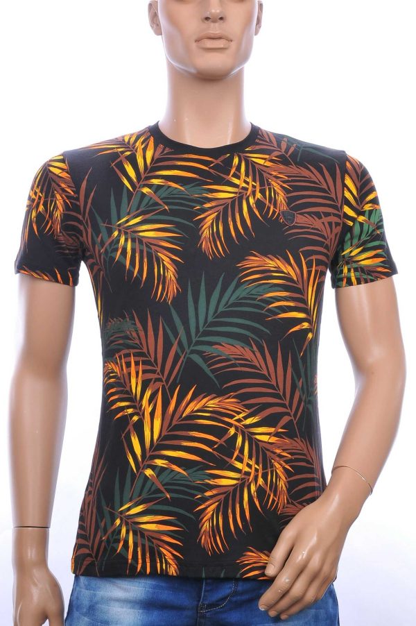 CLUB-JU ronde hals allover palmbomen bladeren print heren Hawaii T-Shirt Zwart