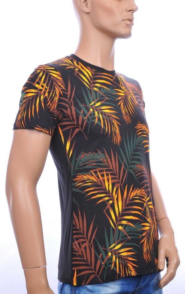 CLUB-JU ronde hals allover palmbomen bladeren print heren Hawaii T-Shirt Zwart