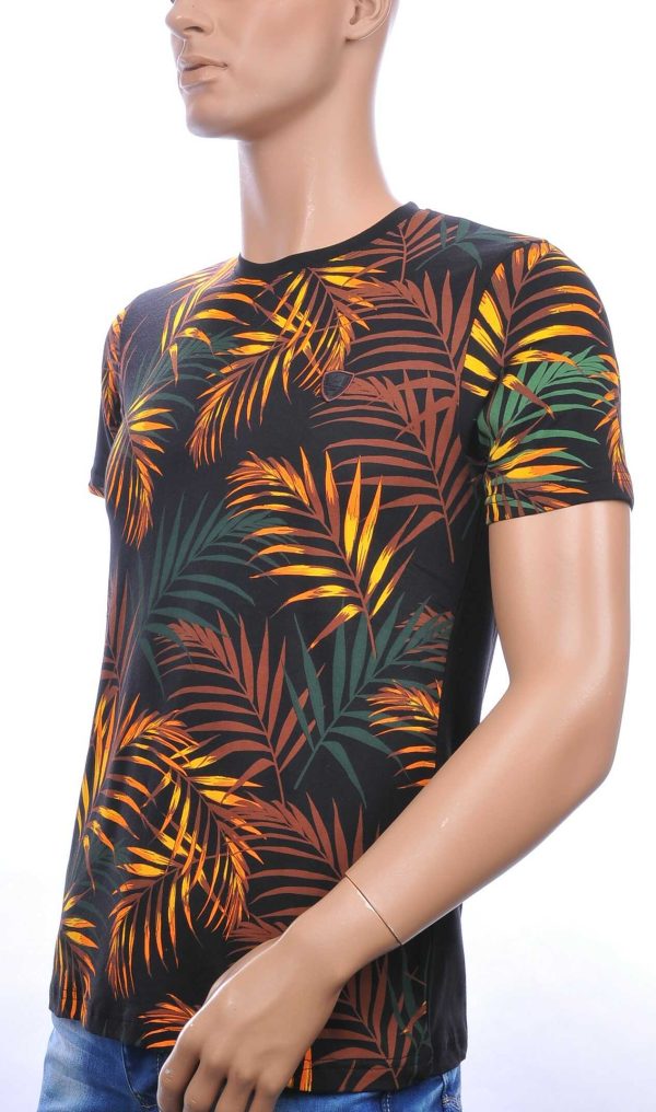 CLUB-JU ronde hals allover palmbomen bladeren print heren Hawaii T-Shirt Zwart