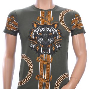 Ci-Borg ronde hals T-shirt met geborduurde tijgerkop met steentjes Khaki