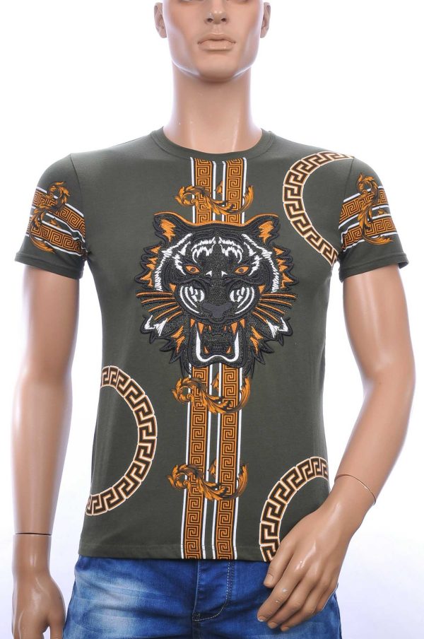 Ci-Borg ronde hals T-shirt met geborduurde tijgerkop met steentjes Khaki