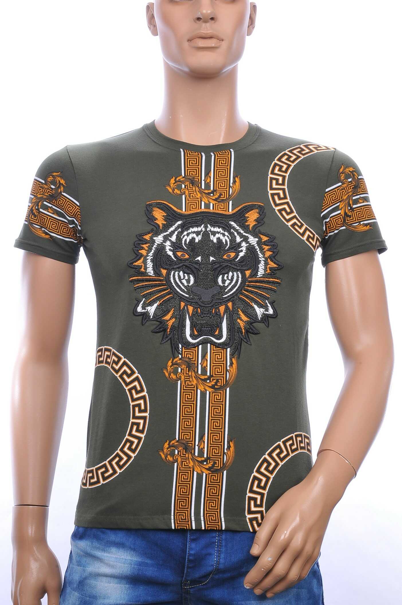Ci-Borg ronde hals T-shirt met geborduurde tijgerkop met steentjes Khaki