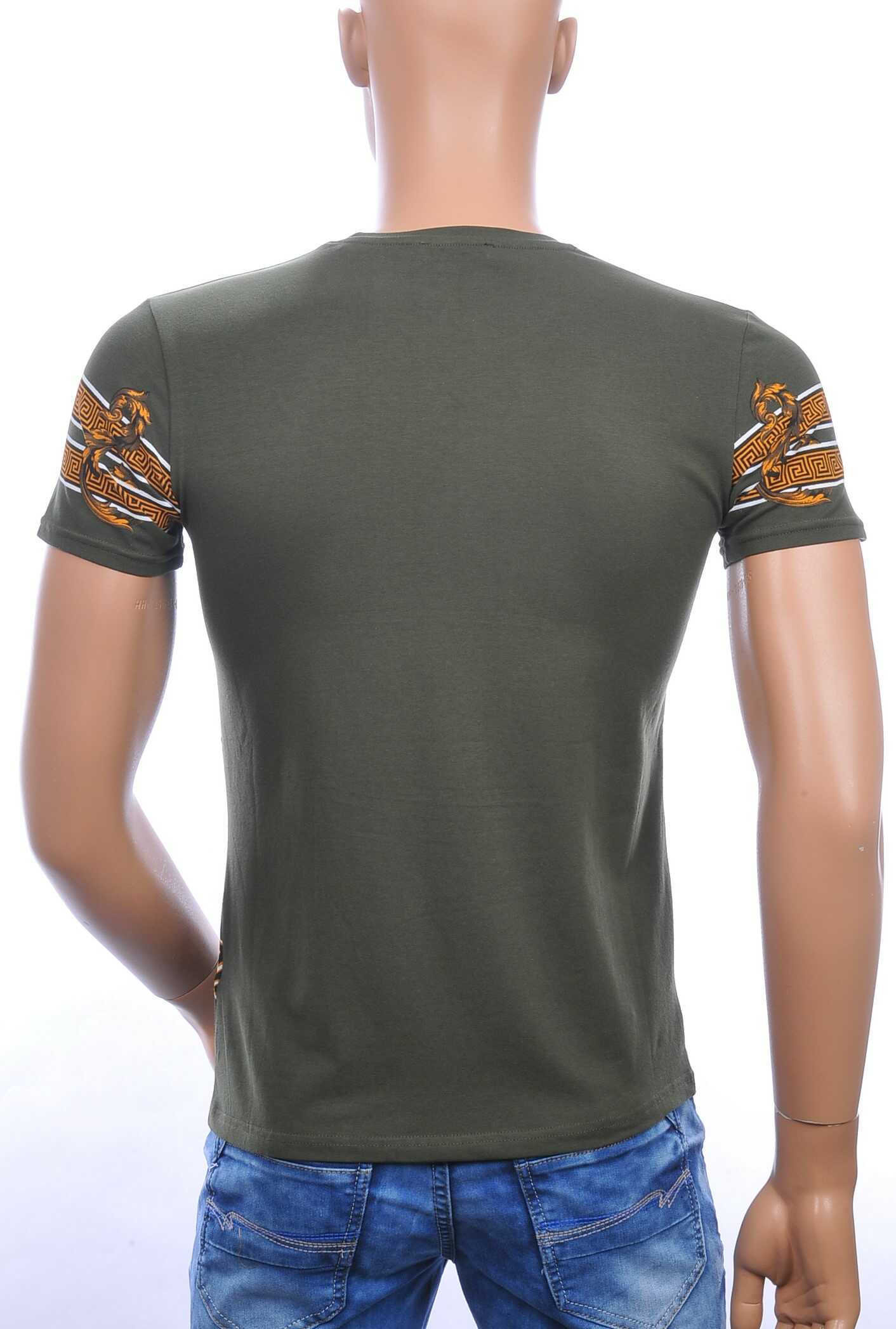 Ci-Borg ronde hals T-shirt met geborduurde tijgerkop met steentjes Khaki