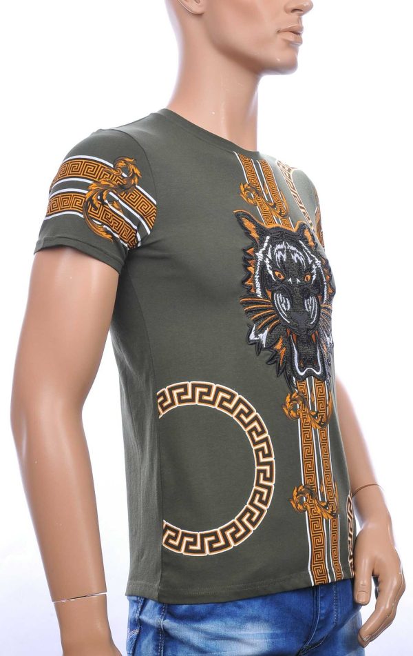 Ci-Borg ronde hals T-shirt met geborduurde tijgerkop met steentjes Khaki