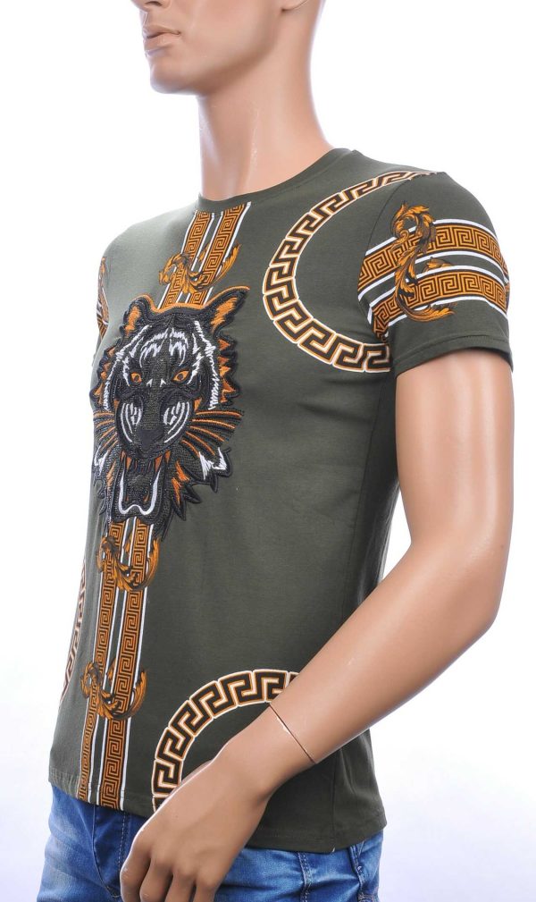Ci-Borg ronde hals T-shirt met geborduurde tijgerkop met steentjes Khaki