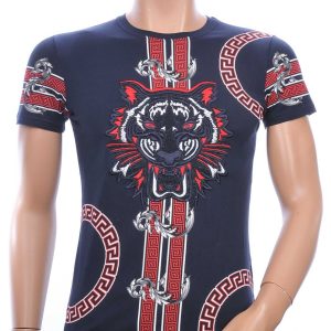 Ci-Borg ronde hals T-shirt met geborduurde tijgerkop met steentjes Navy