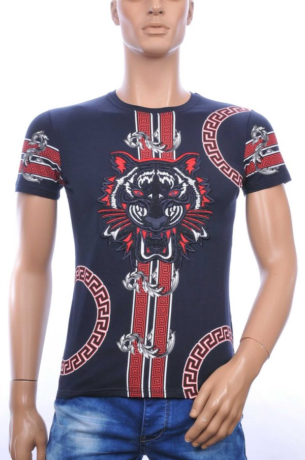Ci-Borg ronde hals T-shirt met geborduurde tijgerkop met steentjes Navy