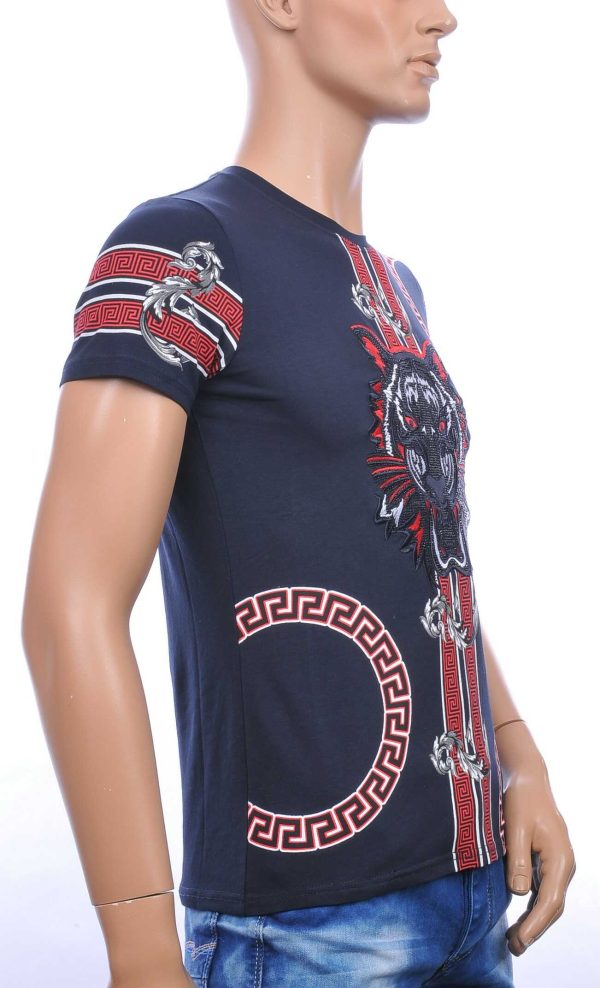Ci-Borg ronde hals T-shirt met geborduurde tijgerkop met steentjes Navy