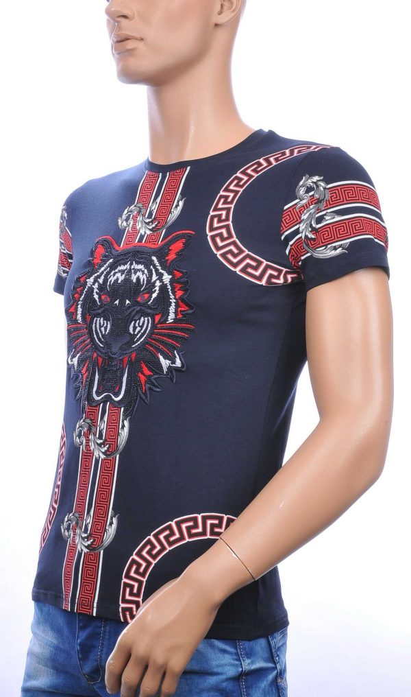 Ci-Borg ronde hals T-shirt met geborduurde tijgerkop met steentjes Navy