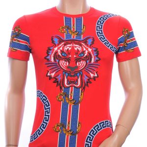 Ci-Borg ronde hals T-shirt met geborduurde tijgerkop met steentjes Rood