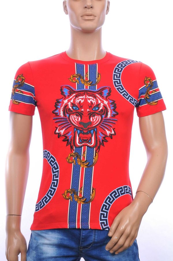 Ci-Borg ronde hals T-shirt met geborduurde tijgerkop met steentjes Rood