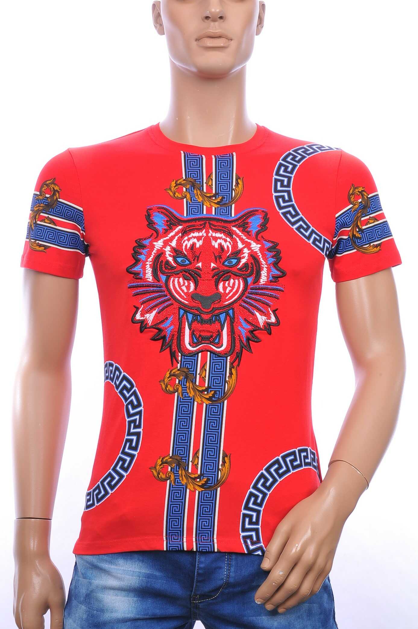 Ci-Borg ronde hals T-shirt met geborduurde tijgerkop met steentjes Rood
