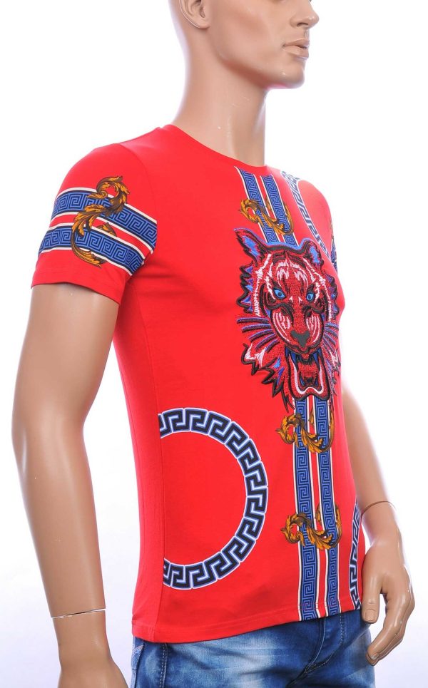 Ci-Borg ronde hals T-shirt met geborduurde tijgerkop met steentjes Rood