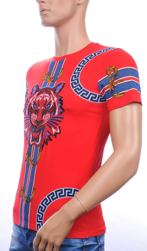 Ci-Borg ronde hals T-shirt met geborduurde tijgerkop met steentjes Rood