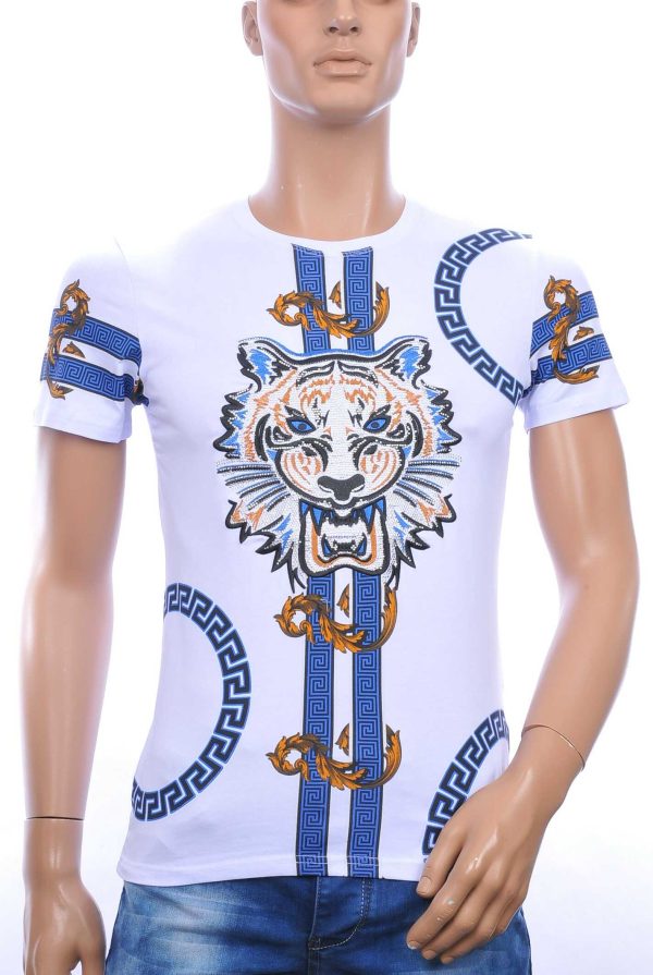 Ci-Borg ronde hals T-shirt met geborduurde tijgerkop met steentjes Wit