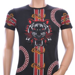Ci-Borg ronde hals T-shirt met geborduurde tijgerkop met steentjes Zwart