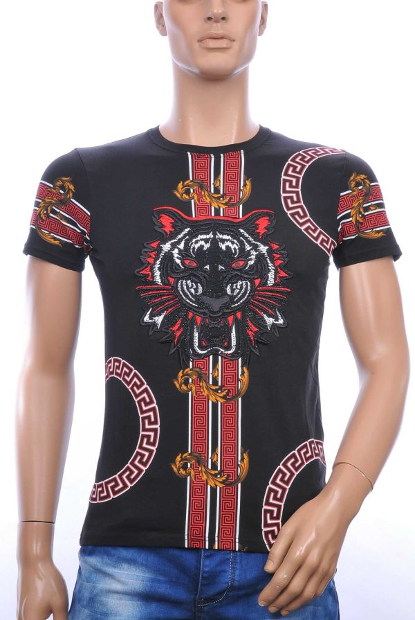 Ci-Borg ronde hals T-shirt met geborduurde tijgerkop met steentjes Zwart