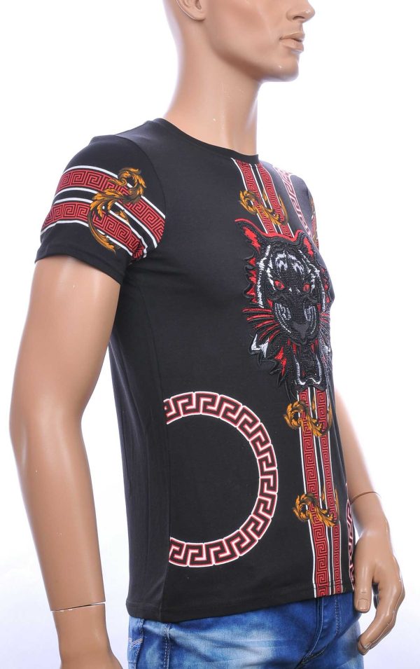 Ci-Borg ronde hals T-shirt met geborduurde tijgerkop met steentjes Zwart