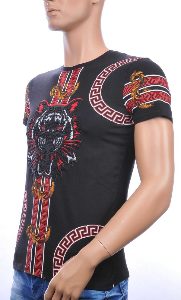 Ci-Borg ronde hals T-shirt met geborduurde tijgerkop met steentjes Zwart