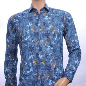 Corrino slim fit allover bladeren dessin heren overhemd Blauw