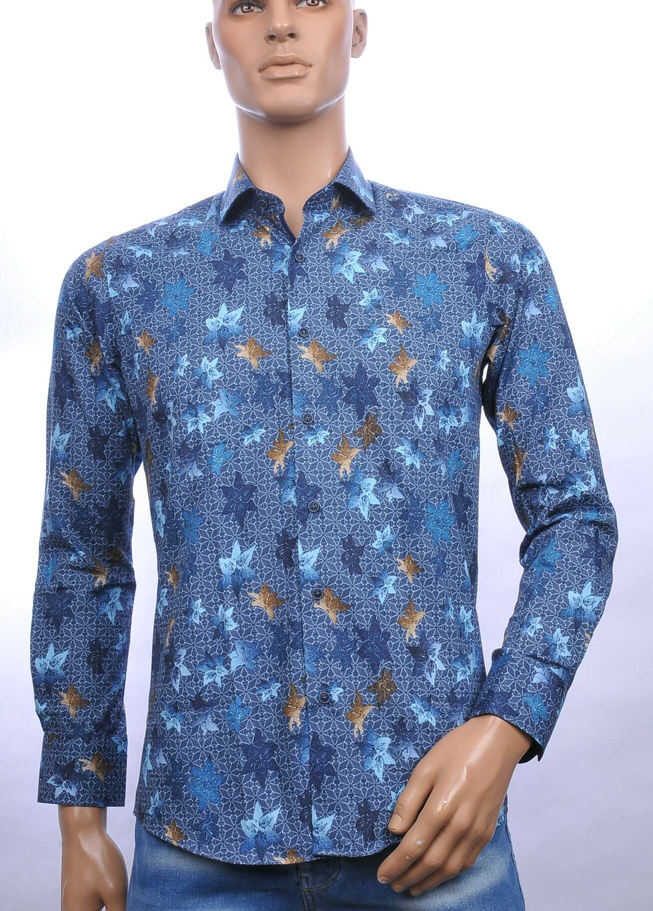 Corrino slim fit allover bladeren dessin heren overhemd Blauw