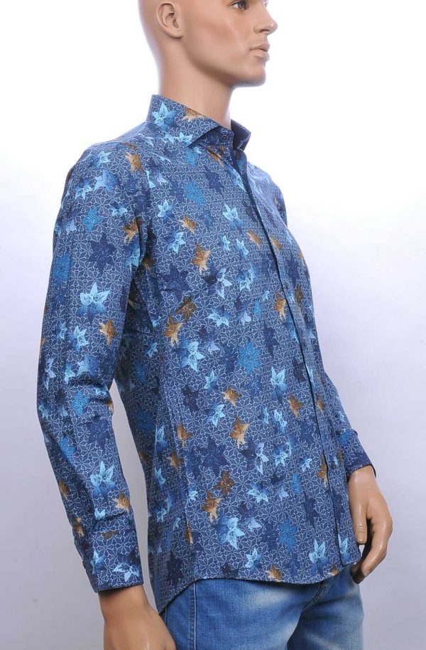 Corrino slim fit allover bladeren dessin heren overhemd Blauw