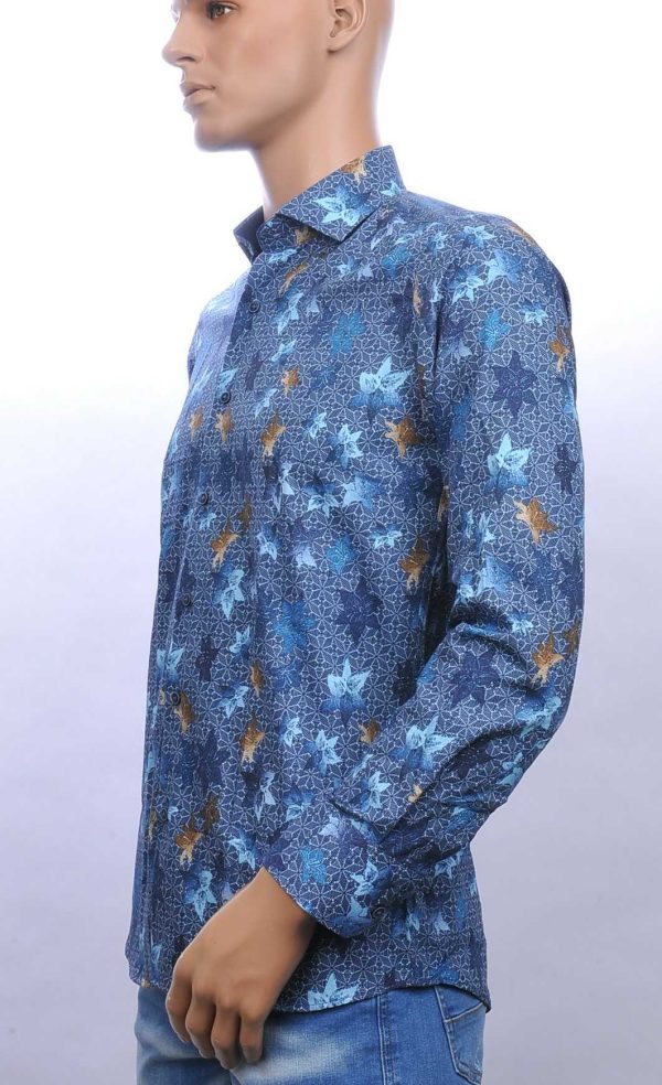 Corrino slim fit allover bladeren dessin heren overhemd Blauw