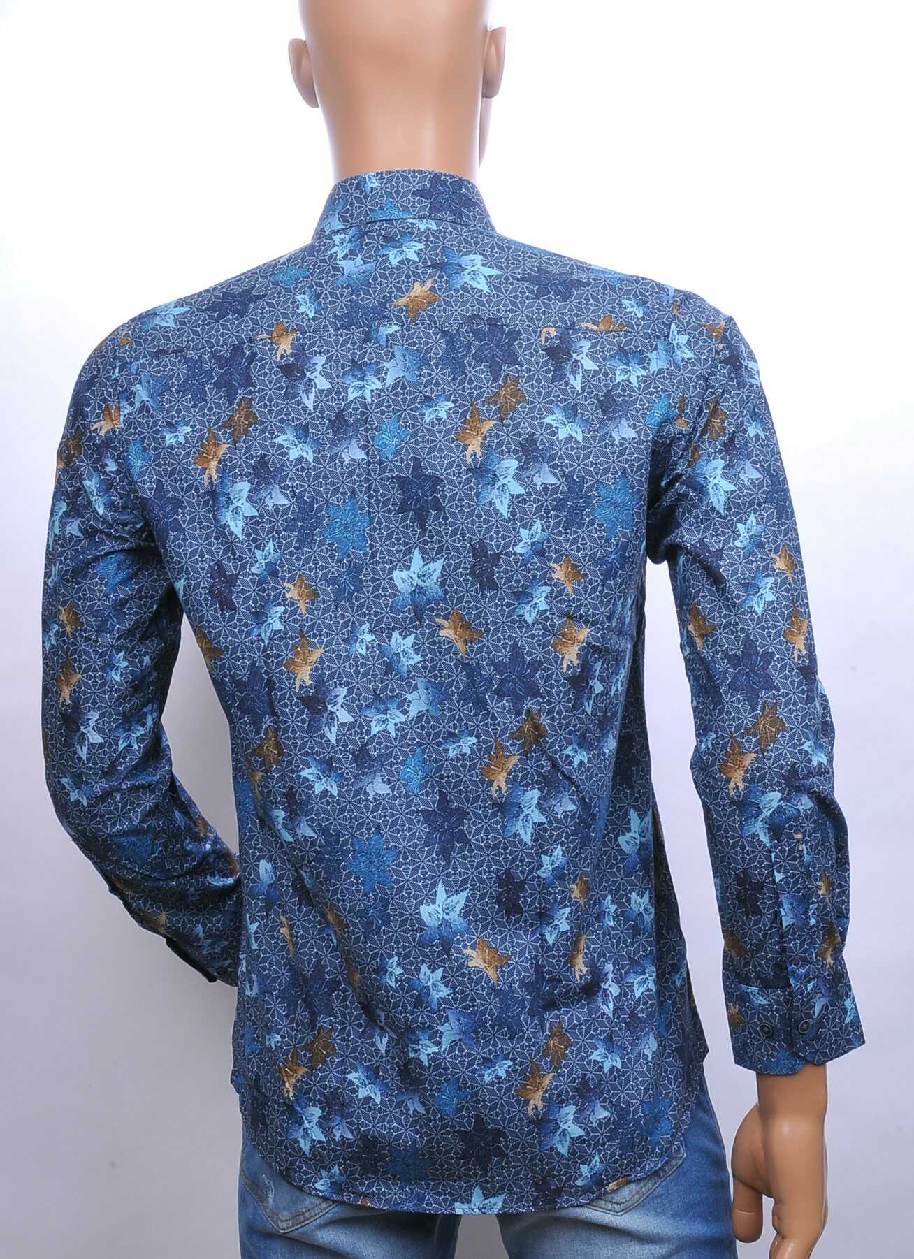 Corrino slim fit allover bladeren dessin heren overhemd Blauw