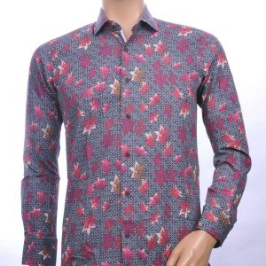 Corrino slim fit allover bladeren dessin heren overhemd Bordeaux