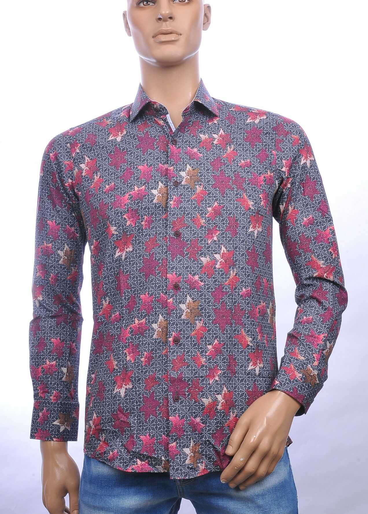 Corrino slim fit allover bladeren dessin heren overhemd Bordeaux