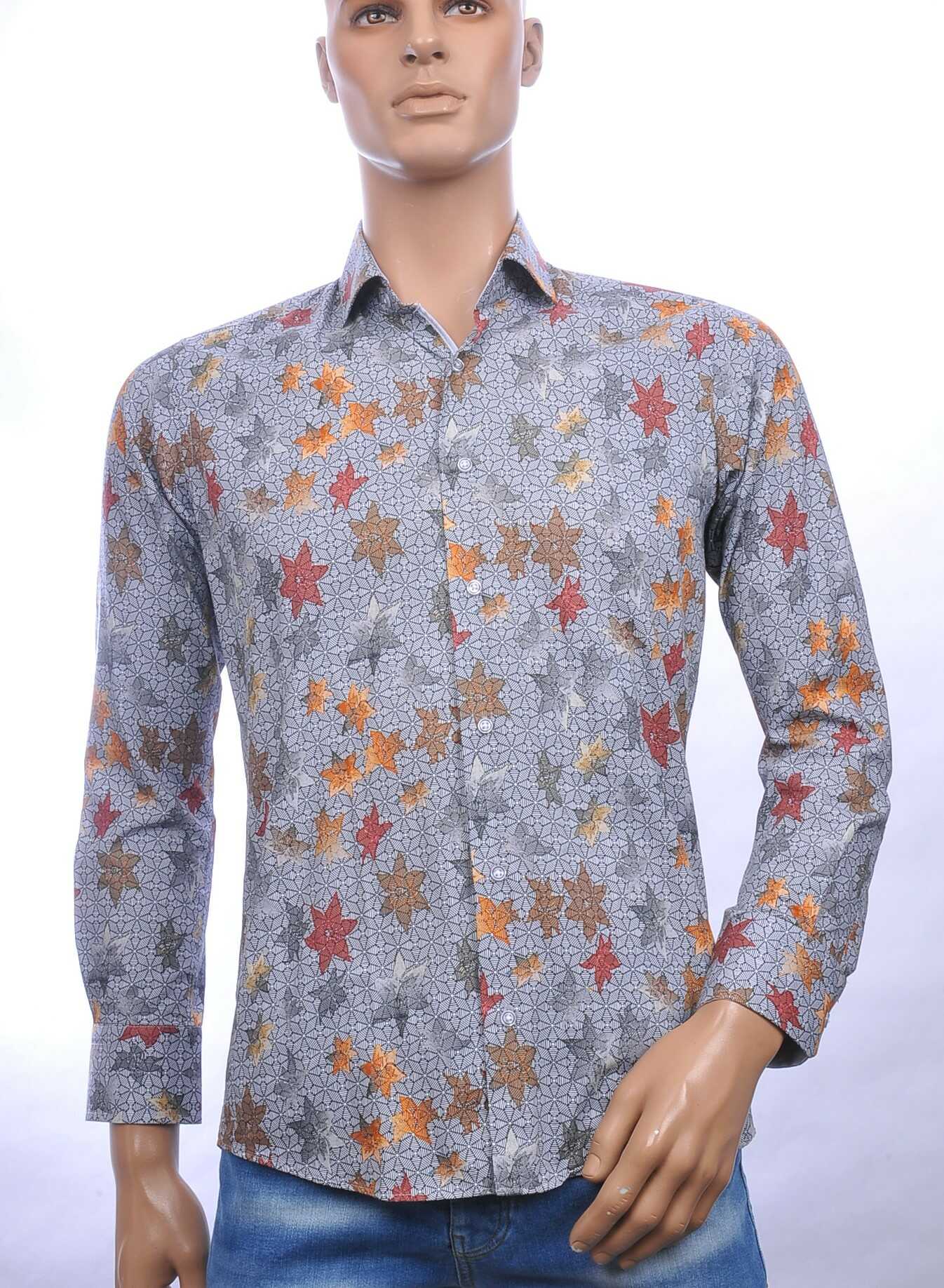 Corrino slim fit allover bladeren dessin heren overhemd Grijs