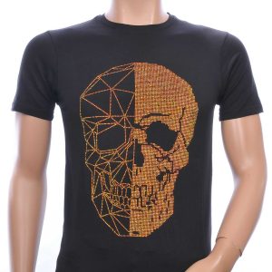 FRANCO RENZO ronde hals heren skull T-shirt met goudkleurige steentjes Zwart