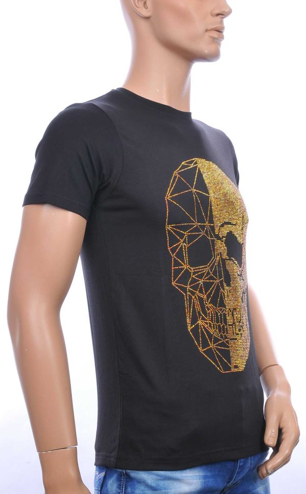 FRANCO RENZO ronde hals heren skull T-shirt met goudkleurige steentjes Zwart