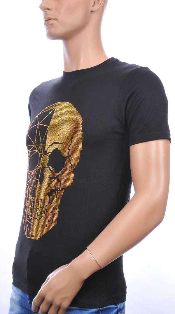 FRANCO RENZO ronde hals heren skull T-shirt met goudkleurige steentjes Zwart